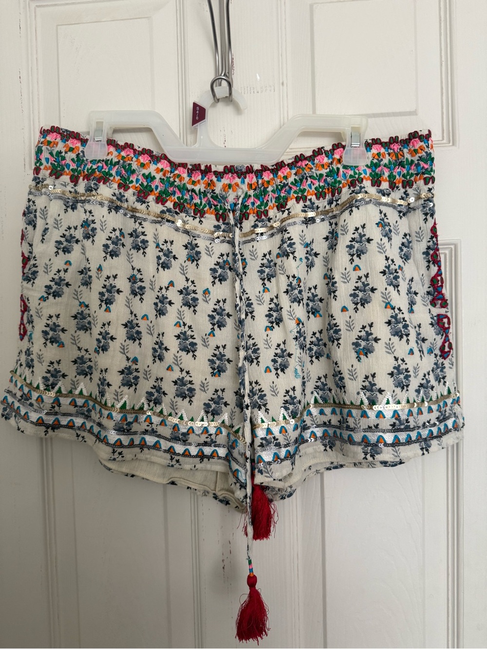 Calypso St. Barth White Floral Embroidered Tassel Shorts